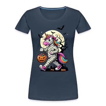 Drôle de licorne momie aime les bonbons - T-shirt bio Premium Femme - bleu marine - Devant - Mia (176cm)