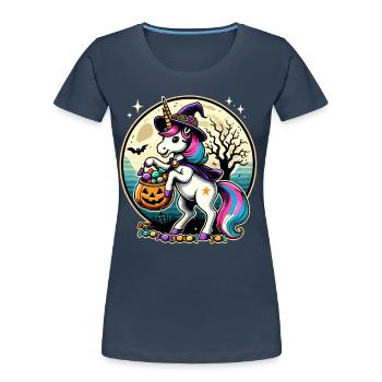 Drôle de sorcière licorne veut des bonbons - T-shirt bio Premium Femme - bleu marine - Devant - Mia (176cm)