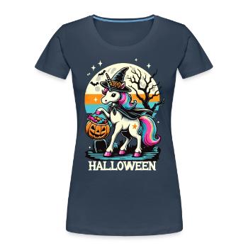 La licorne sorcière drôle veut des bonbons - T-shirt bio Premium Femme - bleu marine - Devant - Mia (176cm)
