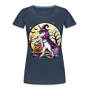 La sorcière licorne drôle aime les bonbons - T-shirt bio Premium Femme - bleu marine - Devant - Mia (176cm)