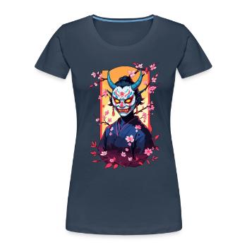 Oni Samouraï Vaporwave Esthétique Japon Culture - T-shirt bio Premium Femme - bleu marine - Devant - Mia (176cm)
