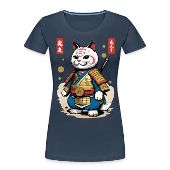 Samurai Katze im Ästhetischen Japan Stil - Frauen Premium Bio T-Shirt - Navy - Vorne - Mia (176cm)