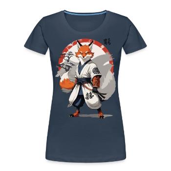 Kitsune Samurai Fuchs Vintage Ukiyo-e Stil - Frauen Premium Bio T-Shirt - Navy - Vorne - Mia (176cm)