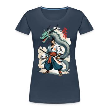 Samouraï Dragon Vintage Ukiyo-e Style Artwork - T-shirt bio Premium Femme - bleu marine - Devant - Mia (176cm)