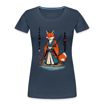Kitsune Samouraï Renard Style Ukiyo-e Vintage - T-shirt bio Premium Femme - bleu marine - Devant - Mia (176cm)