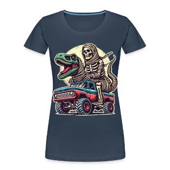Dino avec squelette de dinosaure sur monster truck - T-shirt bio Premium Femme - bleu marine - Devant - Mia (176cm)
