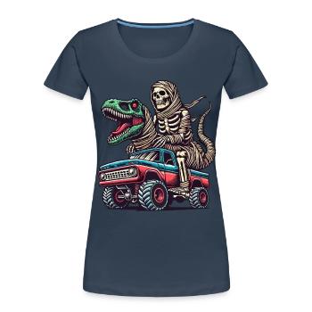 Dino Mit Skelett Dinosaurier Auf Monstertruck - Frauen Premium Bio T-Shirt - Navy - Vorne - Mia (176cm)