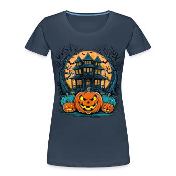 bricolageEffrayantMaison hantée Drôle Halloween - T-shirt bio Premium Femme - bleu marine - Devant - Mia (176cm)