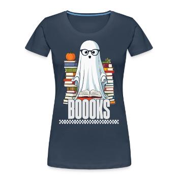Cute Book Lover Ghost - Women's Premium Organic T-Shirt - navy - Front - Mia (176cm)
