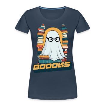 FunnyCute Book Lover Ghost Says Boook - Women's Premium Organic T-Shirt - navy - Front - Mia (176cm)