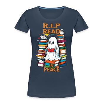 Cute book lover ghost reading in peace - Women's Premium Organic T-Shirt - navy - Front - Mia (176cm)