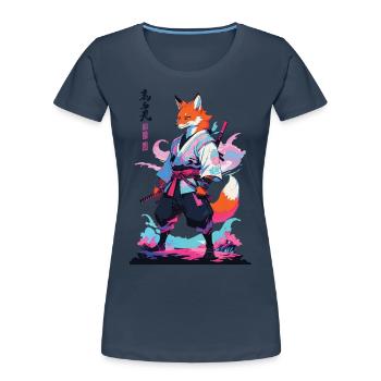 Kitsune Samurai Fuchs Aesthetic Vaporwave Stil - Frauen Premium Bio T-Shirt - Navy - Vorne - Mia (176cm)