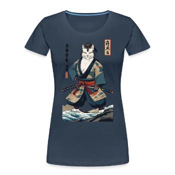Samurai Cat Vintage Ukiyo-E Japanese - Women's Premium Organic T-Shirt - navy - Front - Mia (176cm)