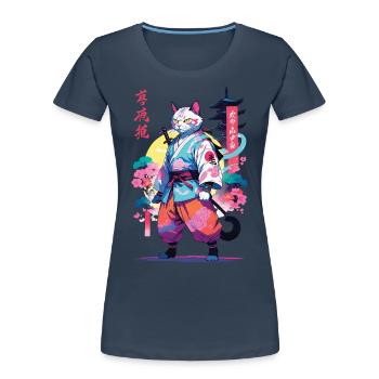 Chat samouraï Vaporwave Esthétique - T-shirt bio Premium Femme - bleu marine - Devant - Mia (176cm)