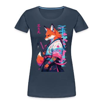Kitsune Samurai Fuchs Aesthetic Vaporwave Stil - Frauen Premium Bio T-Shirt - Navy - Vorne - Mia (176cm)