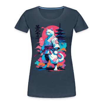 Chat samouraï Vaporwave Esthétique Japon Art - T-shirt bio Premium Femme - bleu marine - Devant - Mia (176cm)