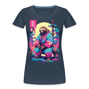 Samurai Faultier im Aesthetic Vaporwave Stil - Frauen Premium Bio T-Shirt - Navy - Vorne - Mia (176cm)