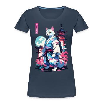 Samurai Katze Vaporwave Aesthetic Japan Style - Frauen Premium Bio T-Shirt - Navy - Vorne - Mia (176cm)