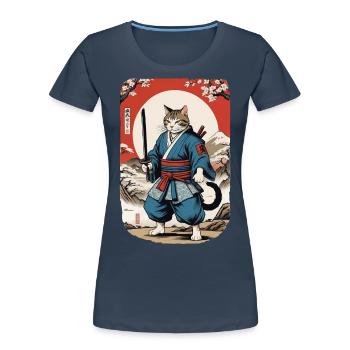Samurai Katze Vintage Ukiyo E Japanisches - Frauen Premium Bio T-Shirt - Navy - Vorne - Mia (176cm)