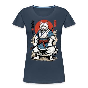 Samurai Cat Vintage Ukiyo-E Japanese Design - Women's Premium Organic T-Shirt - navy - Front - Mia (176cm)