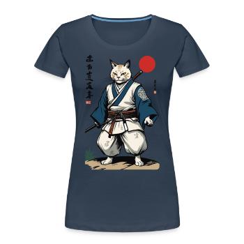 Samurai Cat Vintage Ukiyo-E Artwork Design - Women's Premium Organic T-Shirt - navy - Front - Mia (176cm)