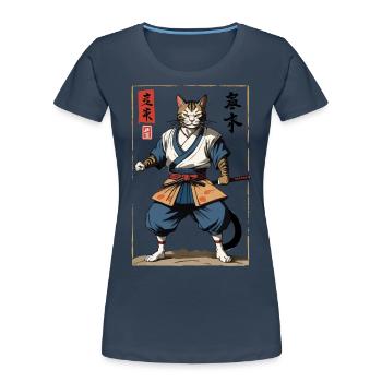 Samurai Katze Vintage Ukiyo-E Japanischer Samurai - Frauen Premium Bio T-Shirt - Navy - Vorne - Mia (176cm)