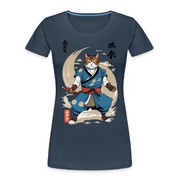 Samurai Cat Vintage Ukiyo-E Japanese - Women's Premium Organic T-Shirt - navy - Front - Mia (176cm)