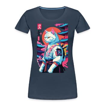 Samurai Katze Vaporwave Aesthetic Japan Kunst - Frauen Premium Bio T-Shirt - Navy - Vorne - Mia (176cm)