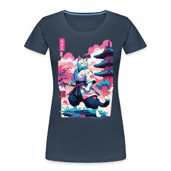 Chat samouraï Vaporwave Esthétique Japon Art - T-shirt bio Premium Femme - bleu marine - Devant - Mia (176cm)