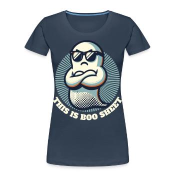 Drôle de fantôme d’Halloween : c’est la feuille Boo - T-shirt bio Premium Femme - bleu marine - Devant - Mia (176cm)