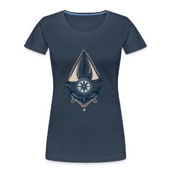 Captain Steering Wheel Anchor Sailboat Illustration - Women's Premium Organic T-Shirt - navy - Front - Mia (176cm)