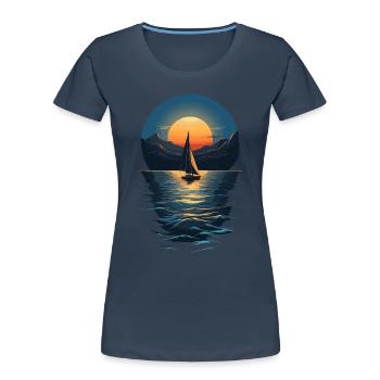Voilier coucher de soleil sur le paysage du lac - T-shirt bio Premium Femme - bleu marine - Devant - Mia (176cm)