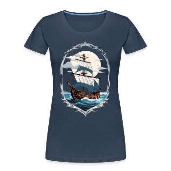 Motif de voilier aventureux - T-shirt bio Premium Femme - bleu marine - Devant - Mia (176cm)