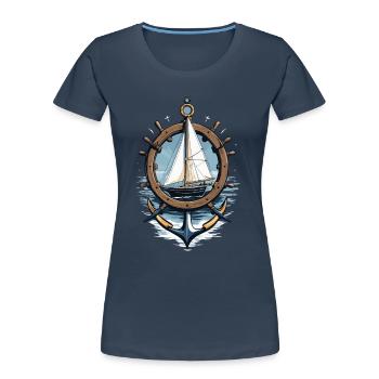 Captain Steering Wheel Anchor Sailboat Adventure - Women's Premium Organic T-Shirt - navy - Front - Mia (176cm)