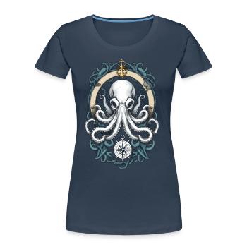 Octopus Sea Monster Pêcheur Capitaine Voilier - T-shirt bio Premium Femme - bleu marine - Devant - Mia (176cm)