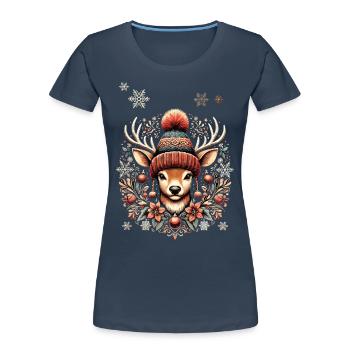 Christmas Vintage Reindeer with Hat and Flowers - Women's Premium Organic T-Shirt - navy - Front - Mia (176cm)