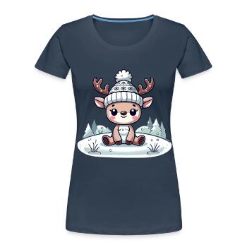 Mignon renne dans la neige Noël - T-shirt bio Premium Femme - bleu marine - Devant - Mia (176cm)