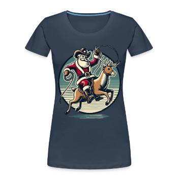 Balade de rodéo du Père Noël cow-boy avec renne - T-shirt bio Premium Femme - bleu marine - Devant - Mia (176cm)
