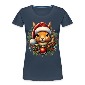 Écureuil de Noël avec chapeau et boule - T-shirt bio Premium Femme - bleu marine - Devant - Mia (176cm)