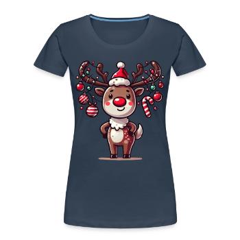 Happy Reindeer with Christmas Baubles - Women's Premium Organic T-Shirt - navy - Front - Mia (176cm)