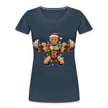 Gingerbread Man Bodybuilder Christmas - Women's Premium Organic T-Shirt - navy - Front - Mia (176cm)