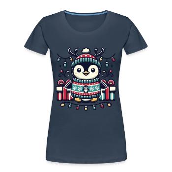Süßer Weihnachtspinguin Mit Lichterkette - Frauen Premium Bio T-Shirt - Navy - Vorne - Mia (176cm)