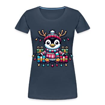 Fröhlicher Pinguin Mit Lichterkette Und Geschenken - Frauen Premium Bio T-Shirt - Navy - Vorne - Mia (176cm)