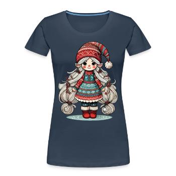 Noël Gnome Femme Gnome Festif Fille - T-shirt bio Premium Femme - bleu marine - Devant - Mia (176cm)