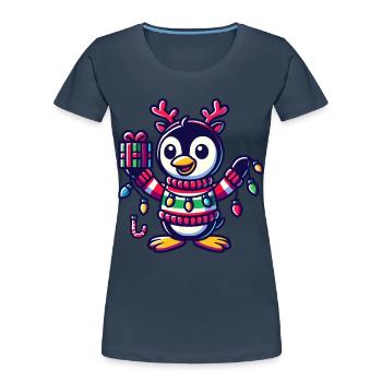 Fröhlicher Pinguin Mit Weihnachtslichtern - Frauen Premium Bio T-Shirt - Navy - Vorne - Mia (176cm)