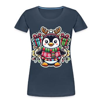 Fröhlicher Pinguin Mit Weihnachtslichtern Und - Frauen Premium Bio T-Shirt - Navy - Vorne - Mia (176cm)
