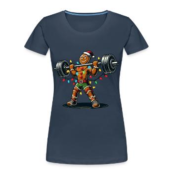 Gingerbread Man Bodybuilder Christmas Fitness Fun - Women's Premium Organic T-Shirt - navy - Front - Mia (176cm)