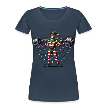 Elfe de fitness de Noël avec haltères - T-shirt bio Premium Femme - bleu marine - Devant - Mia (176cm)
