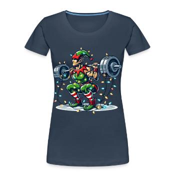Christmas Muscle Building Elf Dumbbell Training - Women's Premium Organic T-Shirt - navy - Front - Mia (176cm)