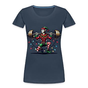 Gym de Noël Elfe Haltérophilie - T-shirt bio Premium Femme - bleu marine - Devant - Mia (176cm)